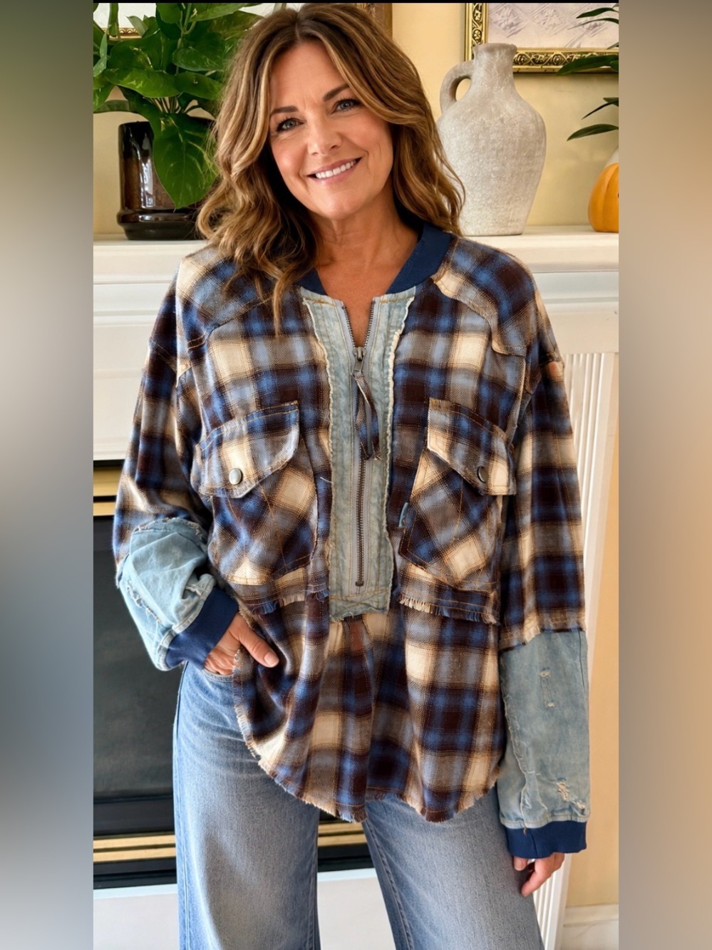 Oli & Hali size Large Plaid Utility denim and flannel top Blue/Brown shacket top